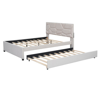 Upholstered Platform Bed With Brick Pattern Headboard And Twin Long Size Trundle - The Sleep Loft - Online Mattress Showroom NYC