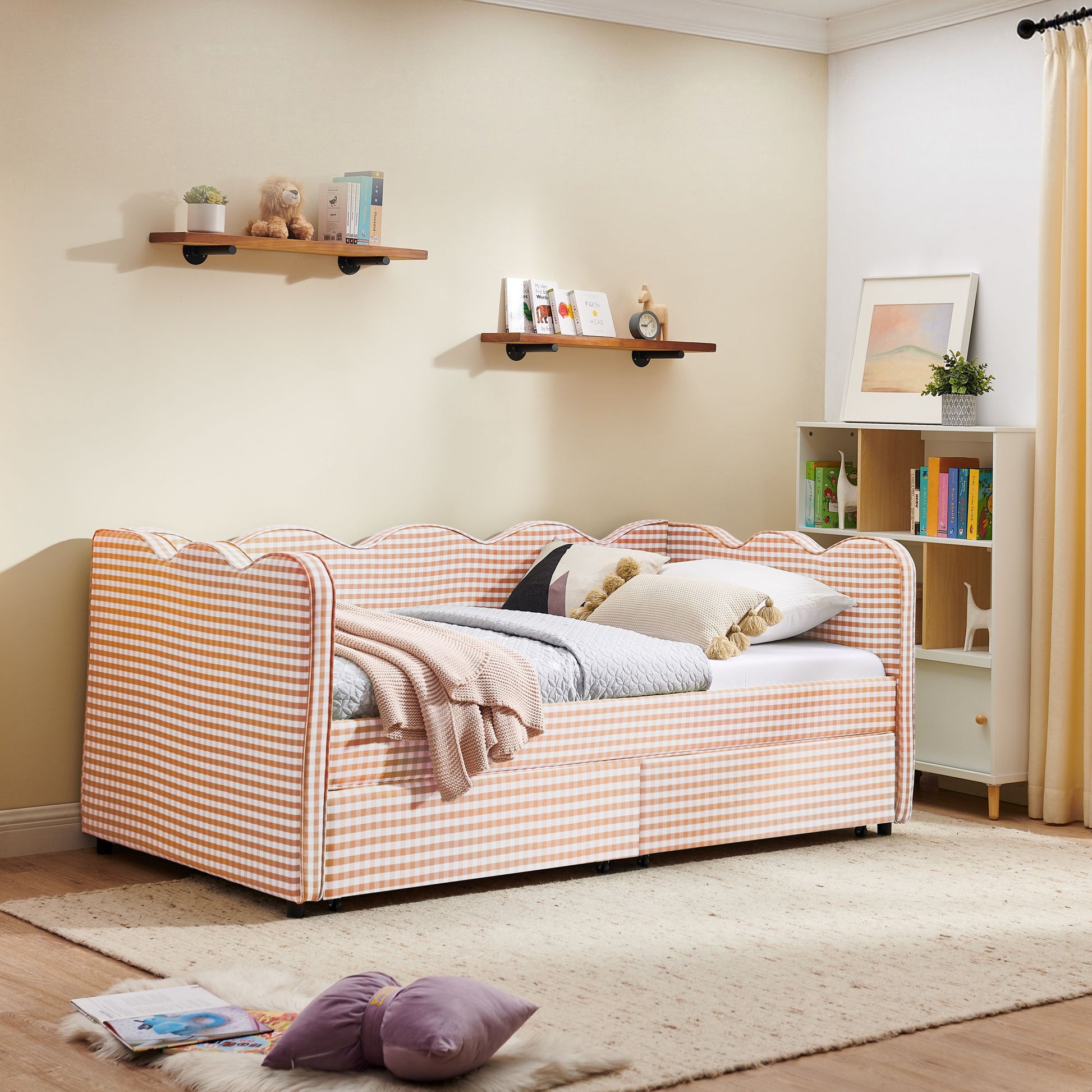 Gingham Daybed With USB Charging Port, Wave-Shaped Design - The Sleep Loft - Online Mattress Showroom NYC