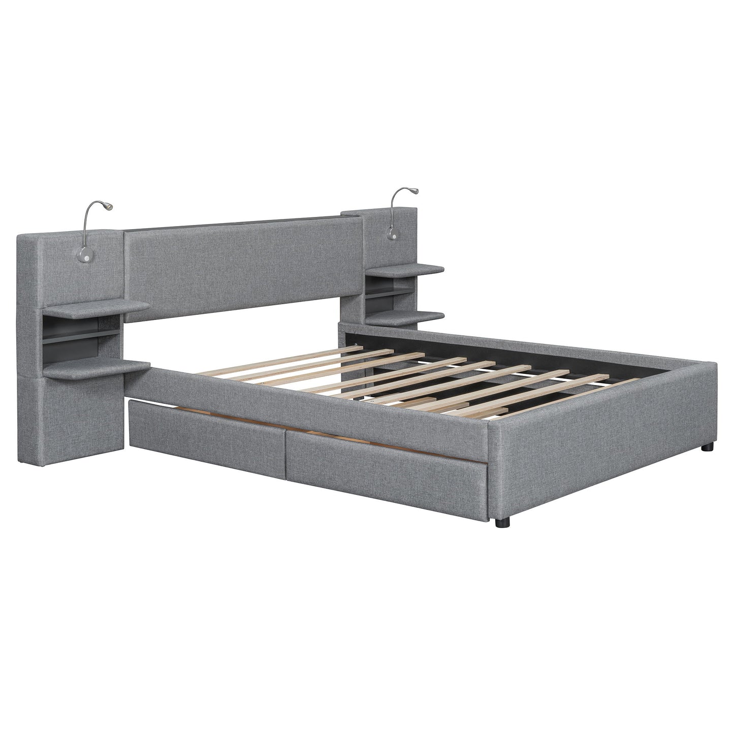 Upholstered Platform Bed With Reading Lights, Drawers, Trundle And Shelves - The Sleep Loft - Online Mattress Showroom NYC