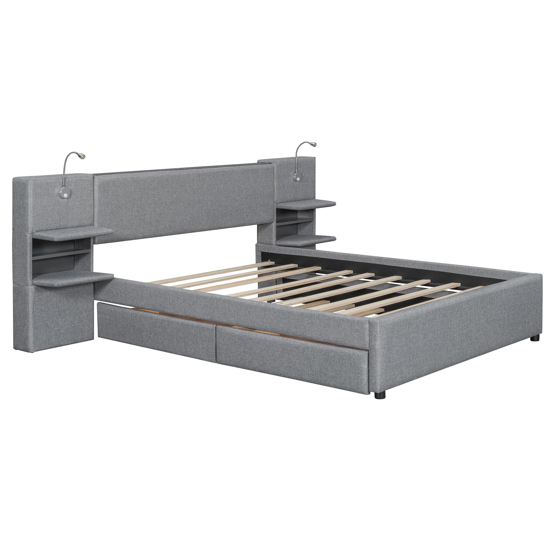 Upholstered Platform Bed With Reading Lights, Drawers, Trundle And Shelves - The Sleep Loft - Online Mattress Showroom NYC
