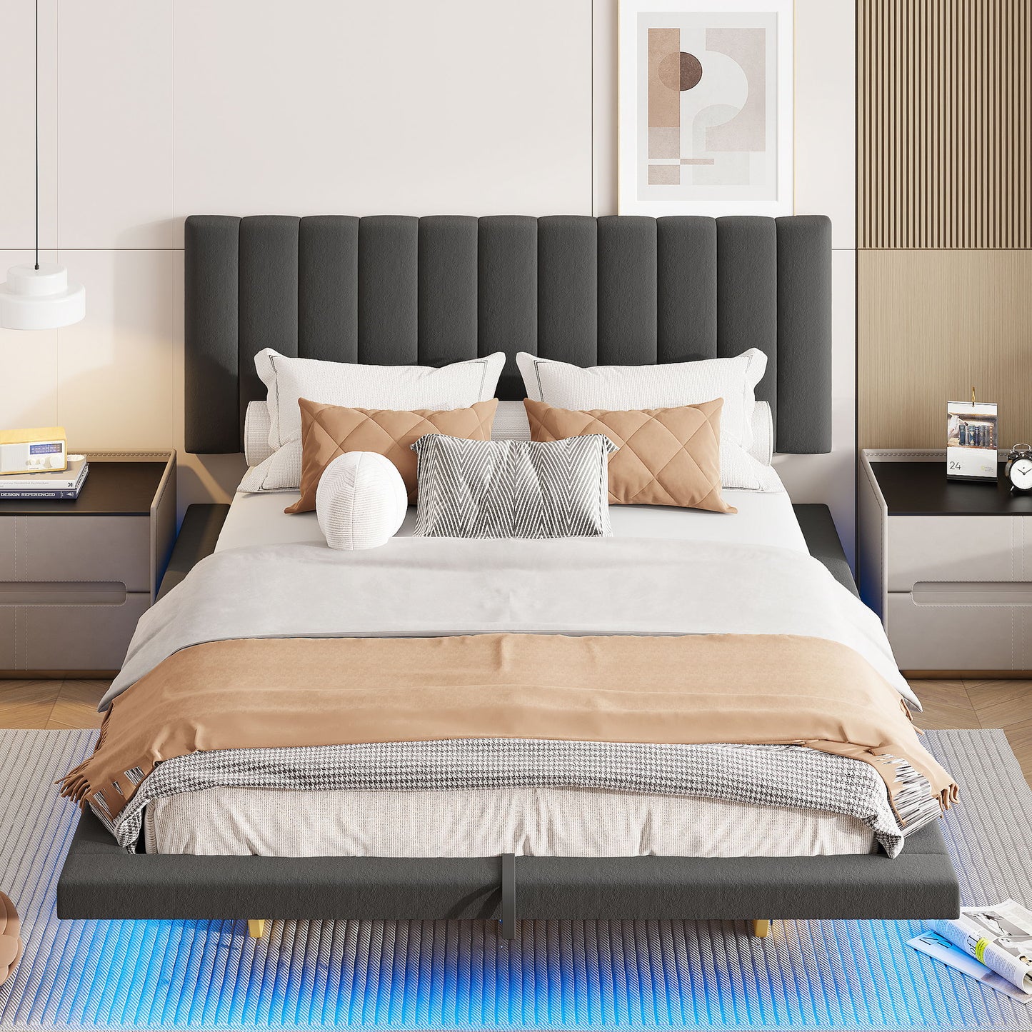Upholstered Floating Hydrualic Platform Bed With LED Light And USB Port - The Sleep Loft - Online Mattress Showroom NYC