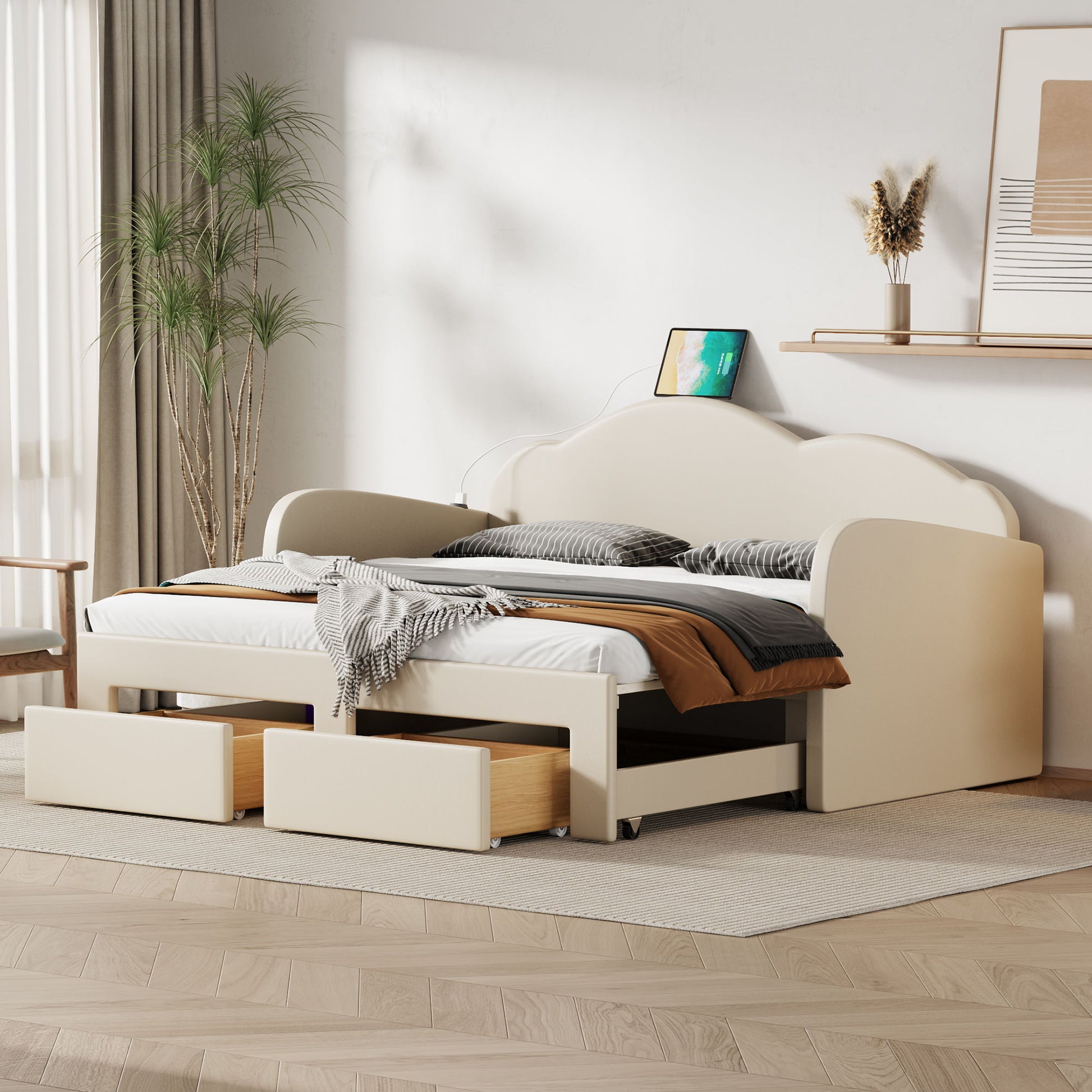 Upholstered Daybed With Cloud-Shaped Backrest, Trundle & 2 Drawers And USB Ports - The Sleep Loft - Online Mattress Showroom NYC