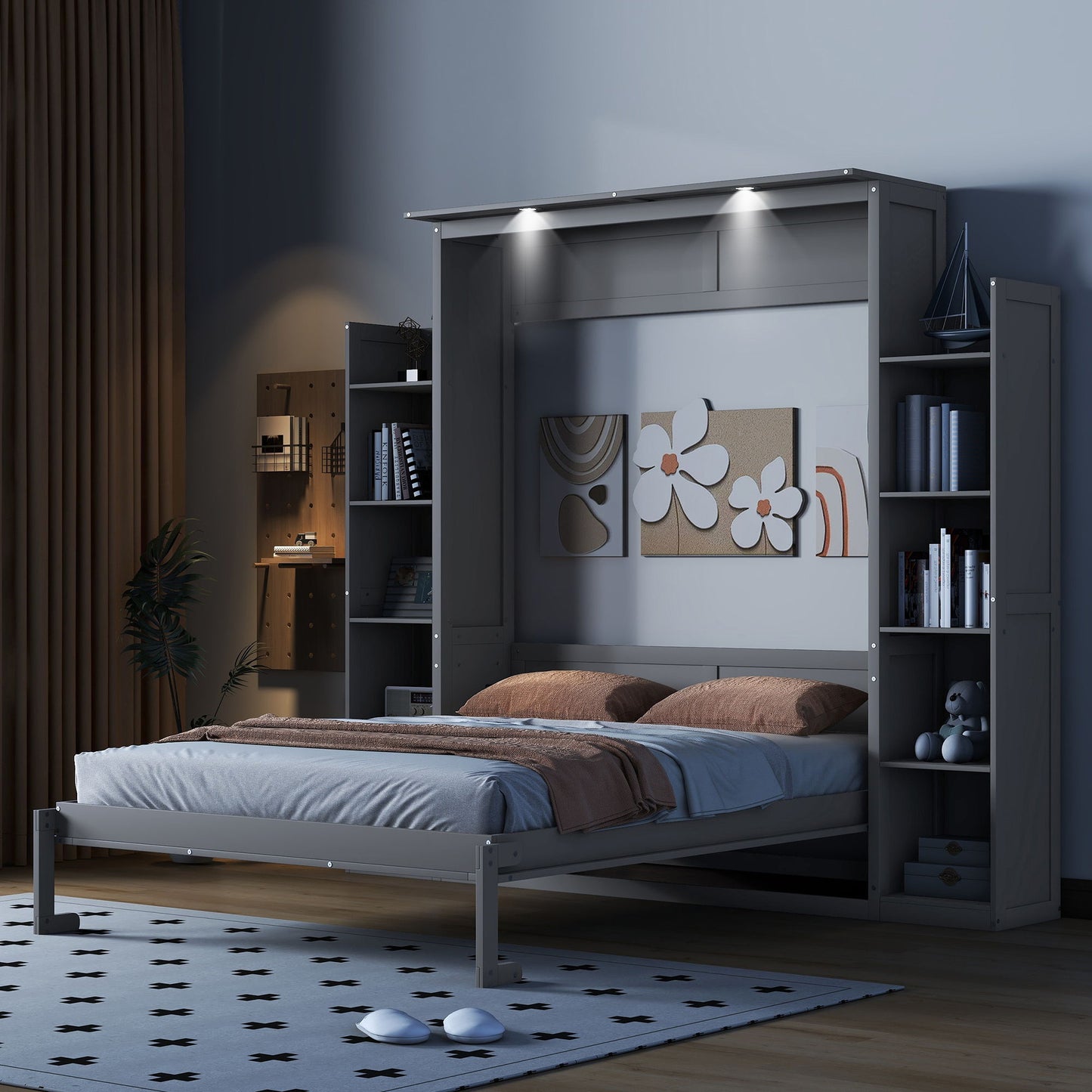 Wall Murphy Bed With Shelves And LED Lights - The Sleep Loft - Online Mattress Showroom NYC