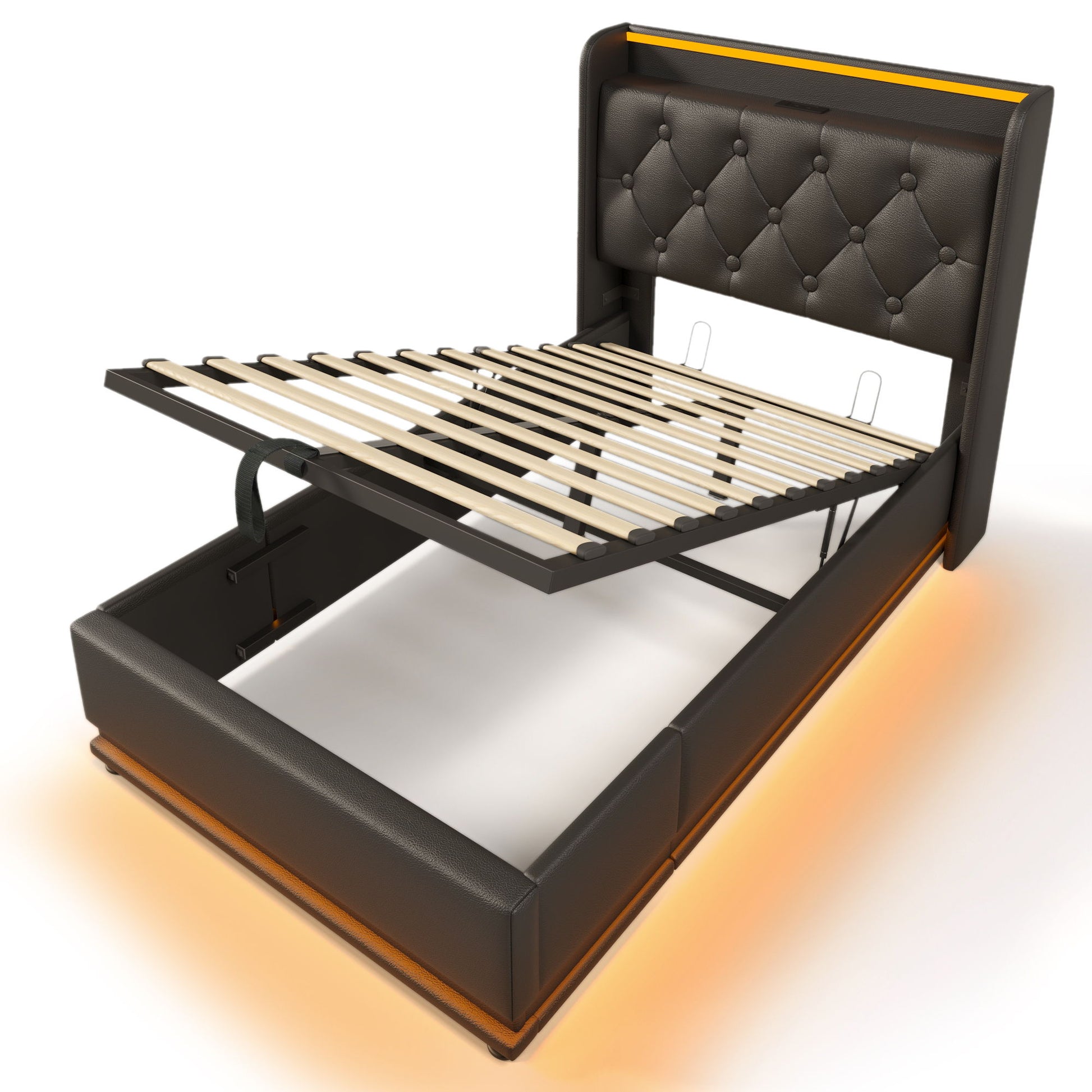 Upholstered Bed, 360 Surround LED Function, Remote Control, Hydraulic Storage Bed With USB, Type-C Charging (Without Mattress) - The Sleep Loft - Online Mattress Showroom NYC