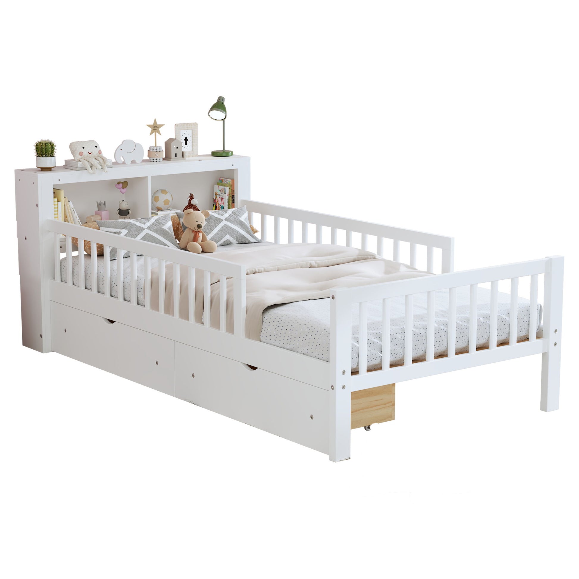 Bed With Headboard Storage Rack, 2 Under Bed Drawers, 3 Side Guardrails For Safety - The Sleep Loft - Online Mattress Showroom NYC