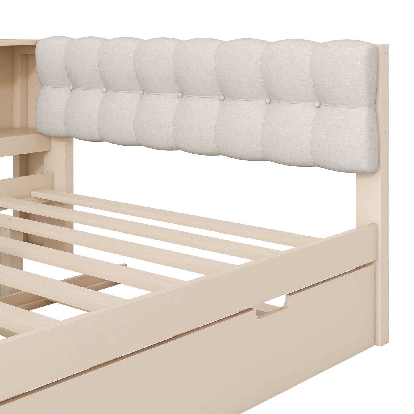 Upholstered Headboard Platform Bed With Storage Shelves, Trundle, Charging Station - The Sleep Loft - Online Mattress Showroom NYC