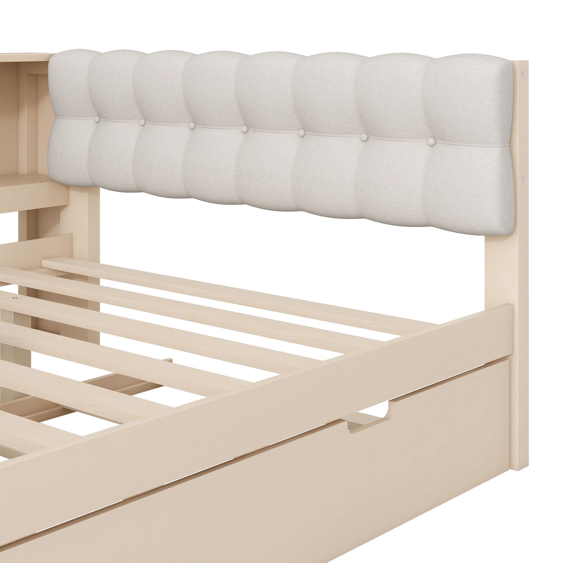 Upholstered Headboard Platform Bed With Storage Shelves, Trundle, Charging Station - The Sleep Loft - Online Mattress Showroom NYC