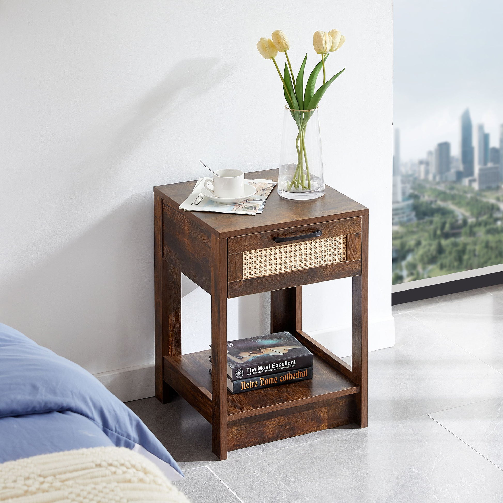 15.75" Rattan End Table With Drawer, Modern Nightstand, Side Table For Living Room, Bedroom - The Sleep Loft - Online Mattress Showroom NYC