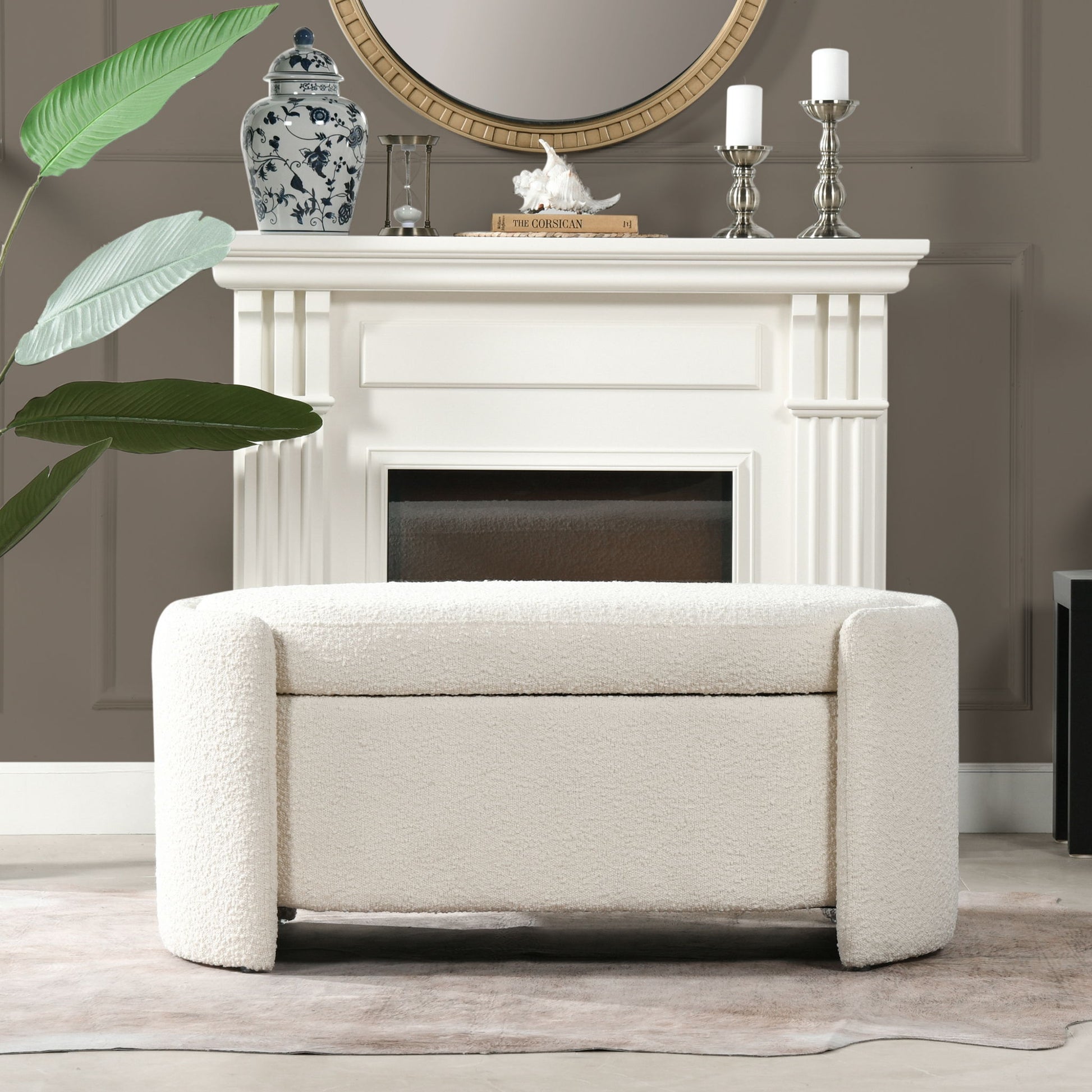 Fuji - Oval Storage Bench, Upholstered - Ivory White - The Sleep Loft - Online Mattress Showroom NYC