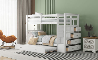 Twin Over Twin Bunk Bed With Trundle And Staircase - White - The Sleep Loft - Online Mattress Showroom NYC