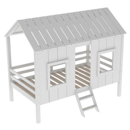 Twin Size Low Loft House Bed With Roof And 2 Front Windows - White - The Sleep Loft - Online Mattress Showroom NYC