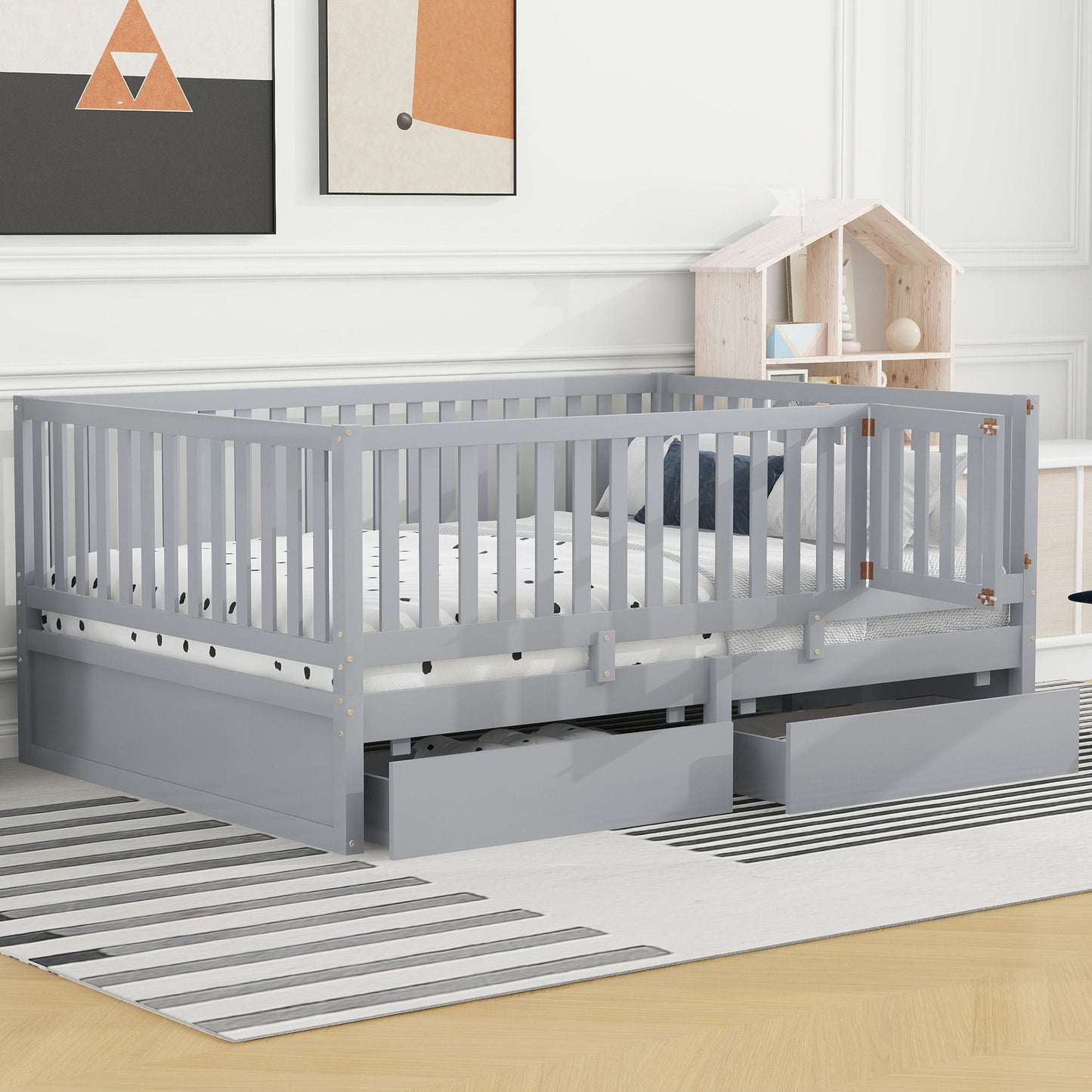 Daybed With Fence Guardrails And 2 Drawers, Split Into Independent Floor Bed & Daybed - The Sleep Loft - Online Mattress Showroom NYC