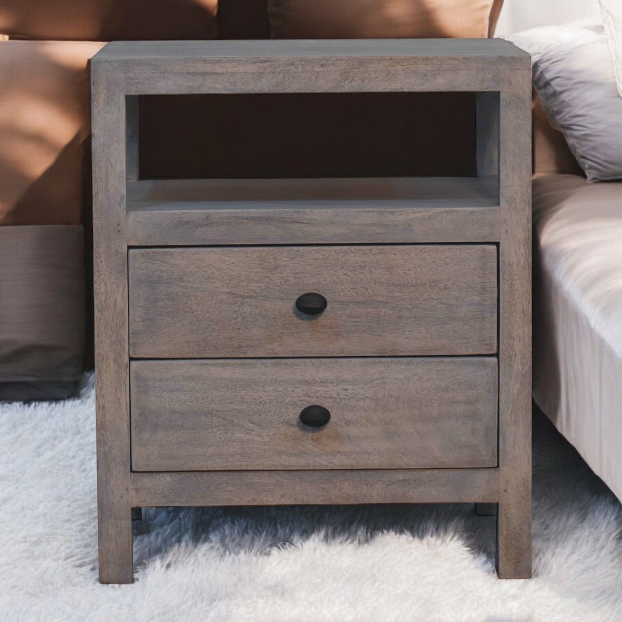 2 Drawer Open Bedside Table - Gray Ash - The Sleep Loft - Online Mattress Showroom NYC