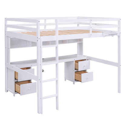 Full Size Loft Bed With Desk, Cabinets, Drawers, Charging Station And Bedside Tray, Sturdy Frame, No Box Spring Required - White - The Sleep Loft - Online Mattress Showroom NYC