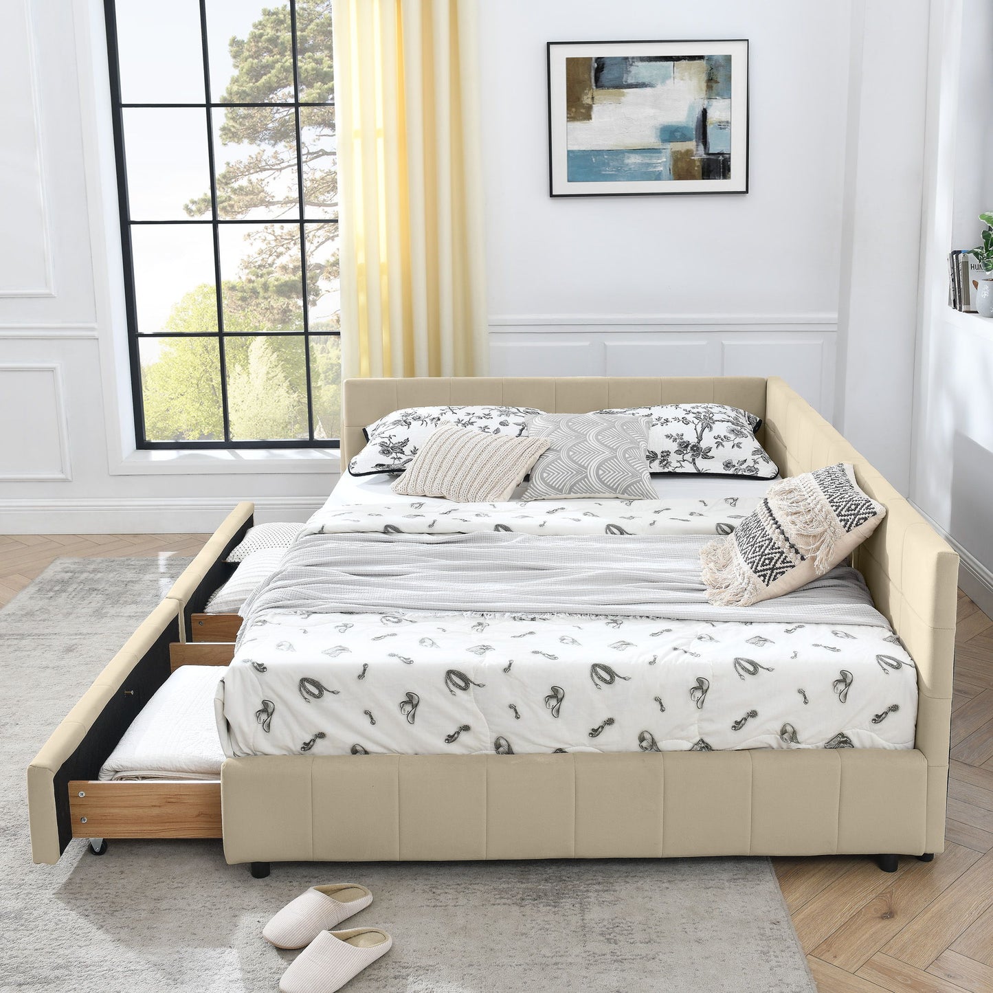 Mid-Century Storage Upholstered Tufted Bed Frame With Backrest And Armrests - The Sleep Loft - Online Mattress Showroom NYC