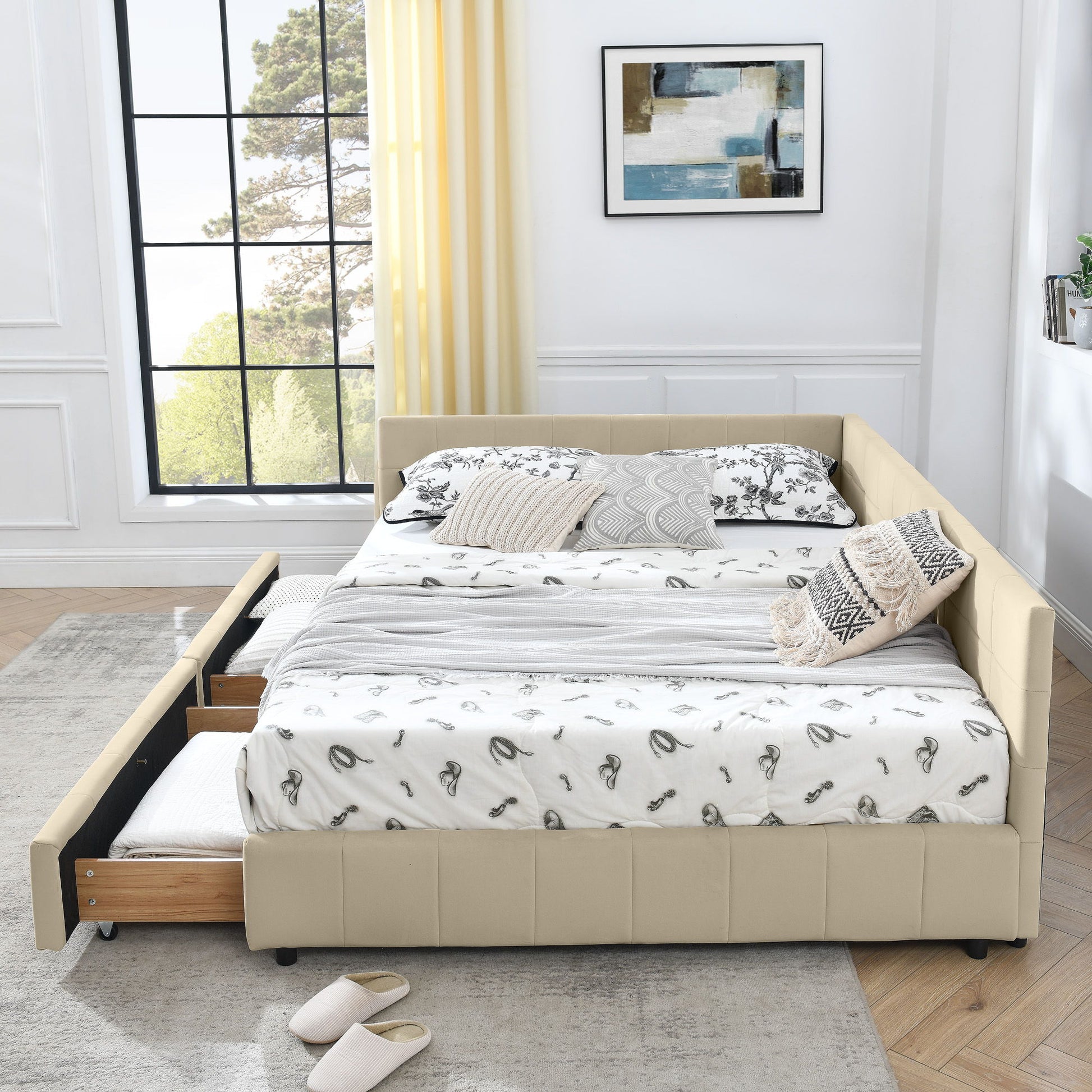 Mid-Century Storage Upholstered Tufted Bed Frame With Backrest And Armrests - The Sleep Loft - Online Mattress Showroom NYC