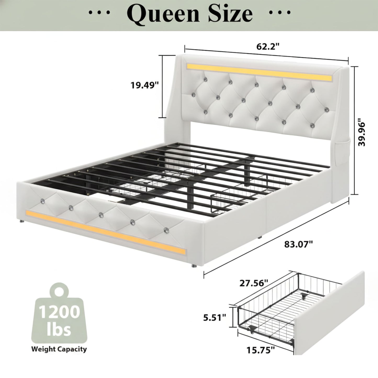 Wingback Upholstered Bed Frame With LED Lights, Charging Station - The Sleep Loft - Online Mattress Showroom NYC