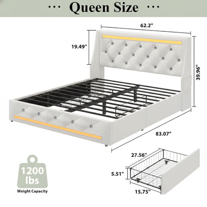 Wingback Upholstered Bed Frame With LED Lights, Charging Station - The Sleep Loft - Online Mattress Showroom NYC