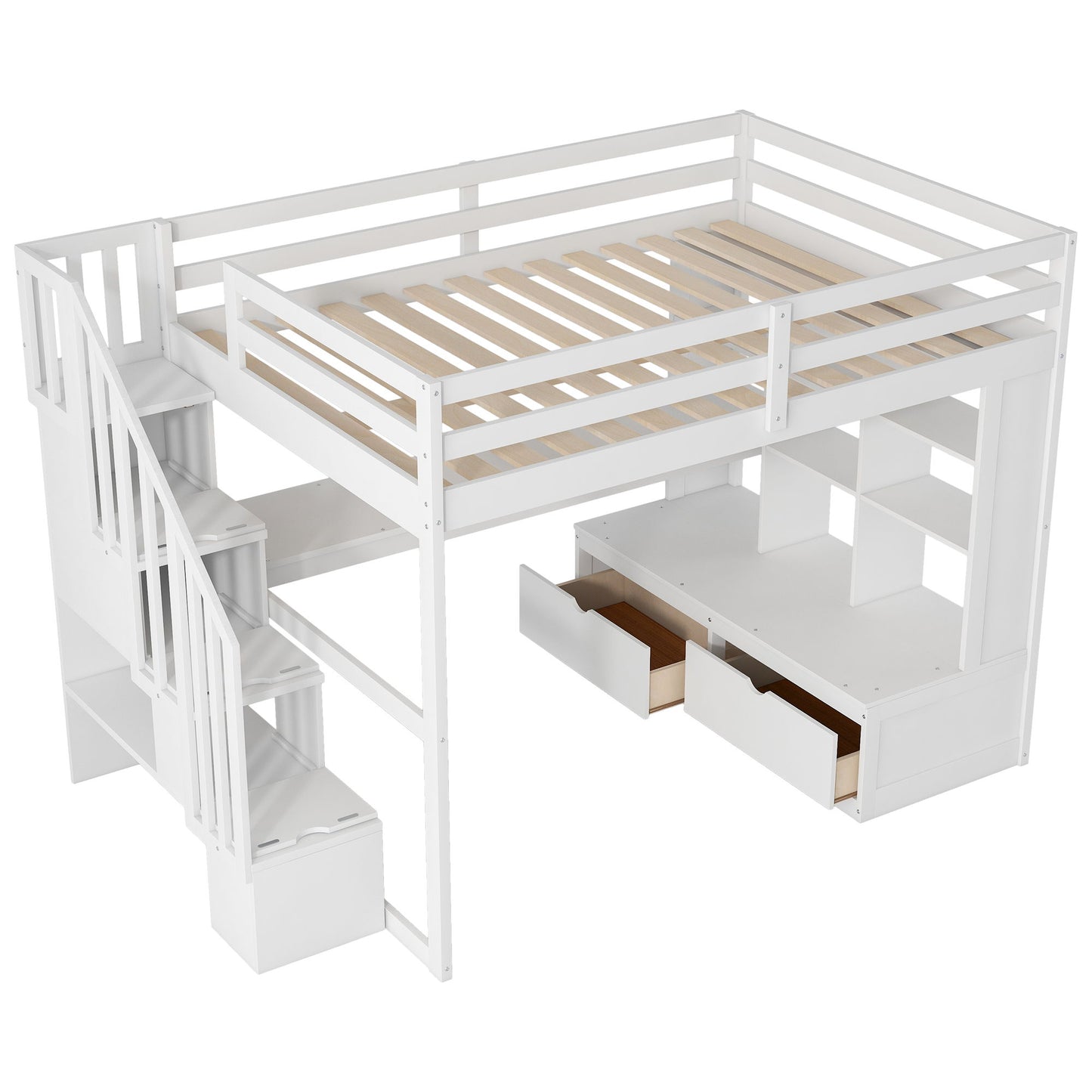 Full Size Loft Bed With Desk And Shelves, 2 Built In Drawers, Storage Staircase - White - The Sleep Loft - Online Mattress Showroom NYC