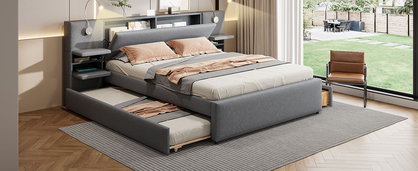 Upholstered Platform Bed With Reading Lights, Drawers, Trundle And Shelves - The Sleep Loft - Online Mattress Showroom NYC