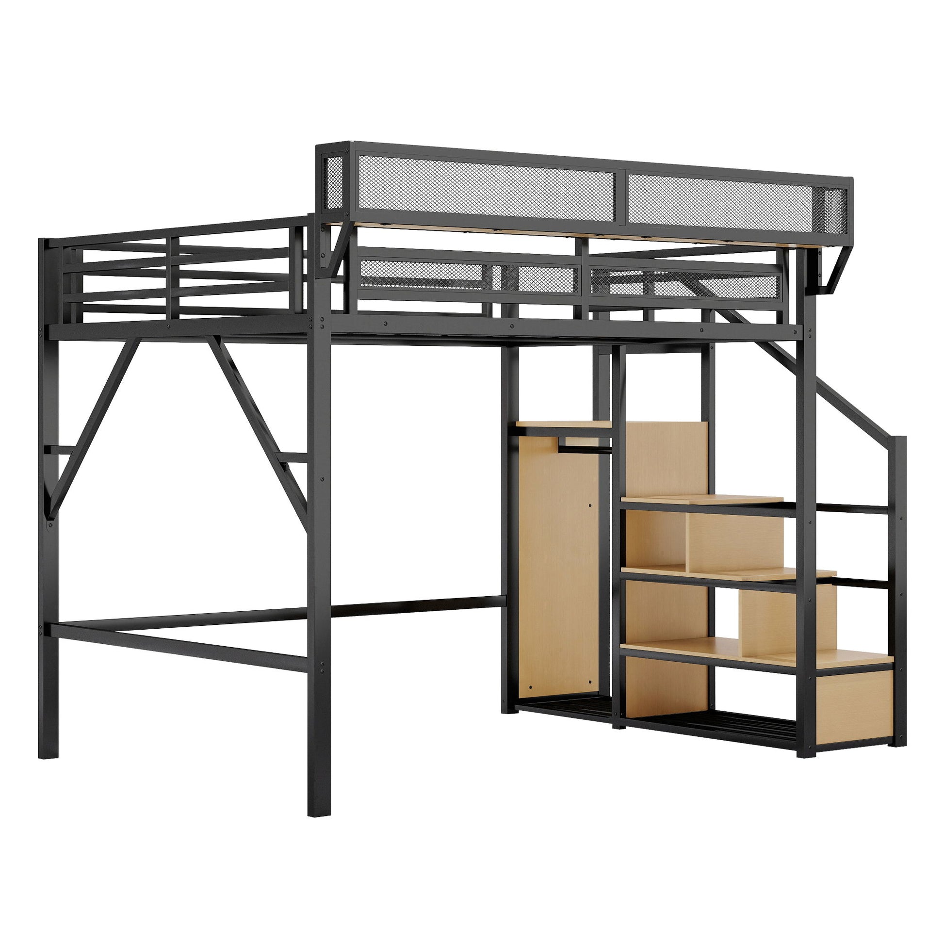 Queen Size Loft Bed & Stairs, Storage Shelves, Wardrobe - Black / Wood - The Sleep Loft - Online Mattress Showroom NYC