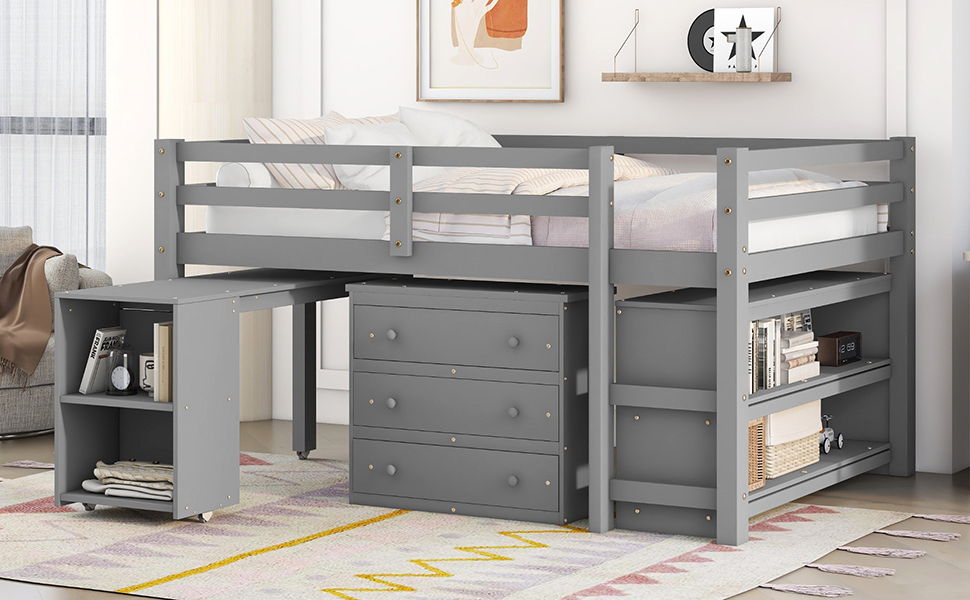 Loft Low Study Bed With Cabinet, Shelves And Rolling Portable Desk, Multiple Functions - The Sleep Loft - Online Mattress Showroom NYC