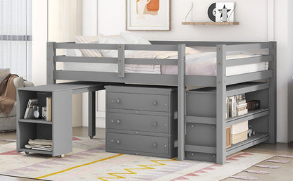 Loft Low Study Bed With Cabinet, Shelves And Rolling Portable Desk, Multiple Functions - The Sleep Loft - Online Mattress Showroom NYC