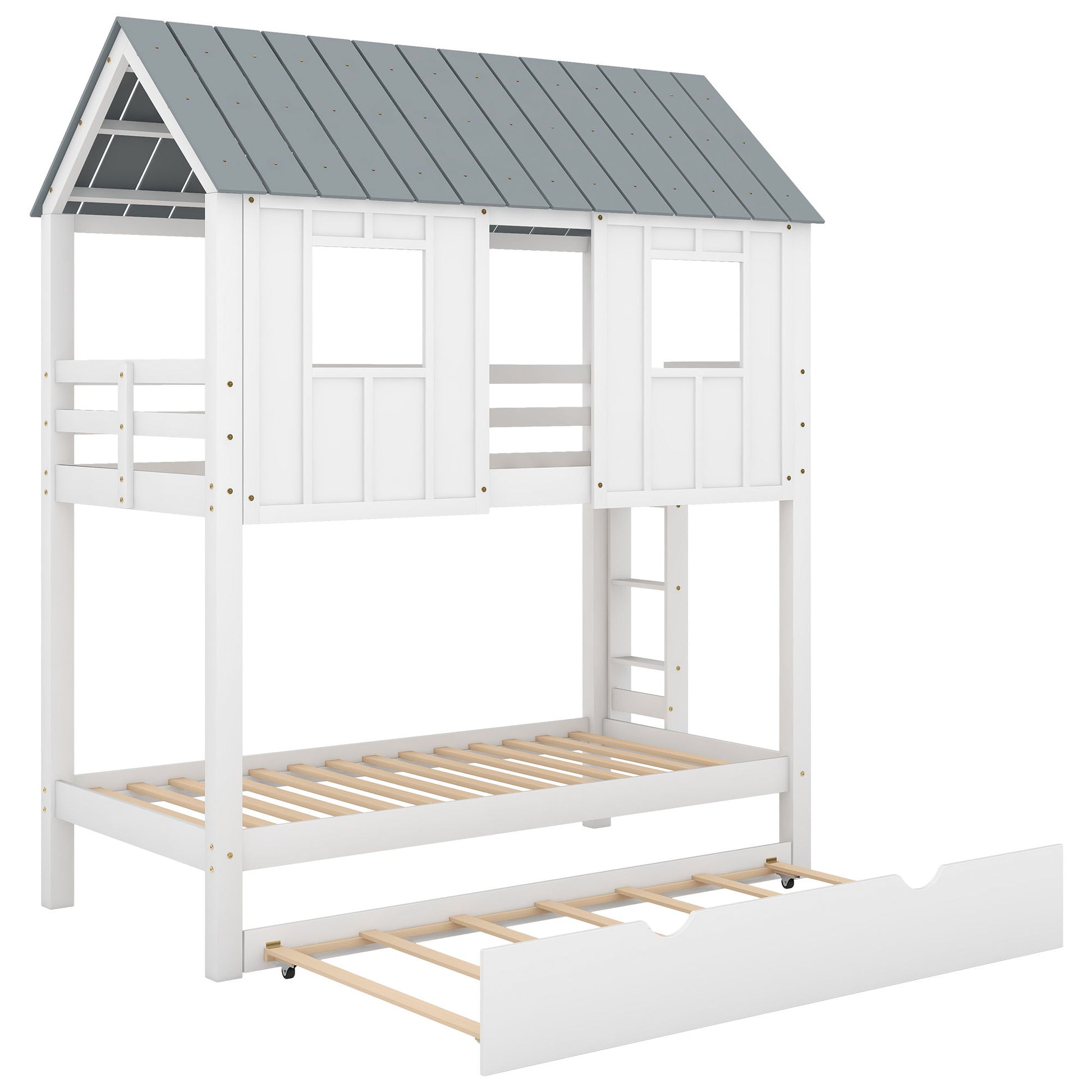 Twin Size House Bunk Bed With Trundle, Roof And Windows - White / Gray - The Sleep Loft - Online Mattress Showroom NYC