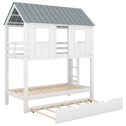 Twin Size House Bunk Bed With Trundle, Roof And Windows - White / Gray - The Sleep Loft - Online Mattress Showroom NYC