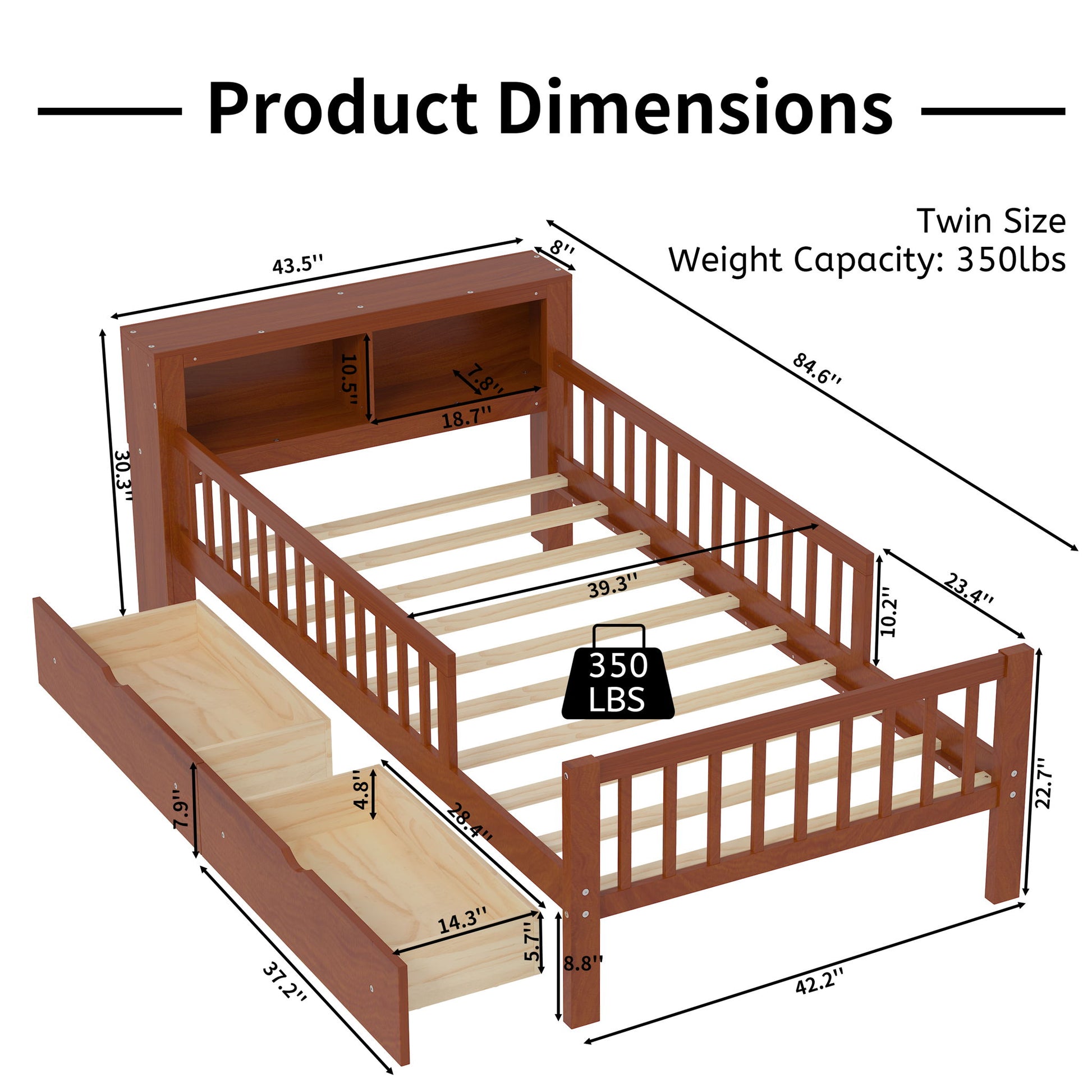 Bed With Headboard Storage Rack, 2 Under Bed Drawers, 3 Side Guardrails For Safety - The Sleep Loft - Online Mattress Showroom NYC