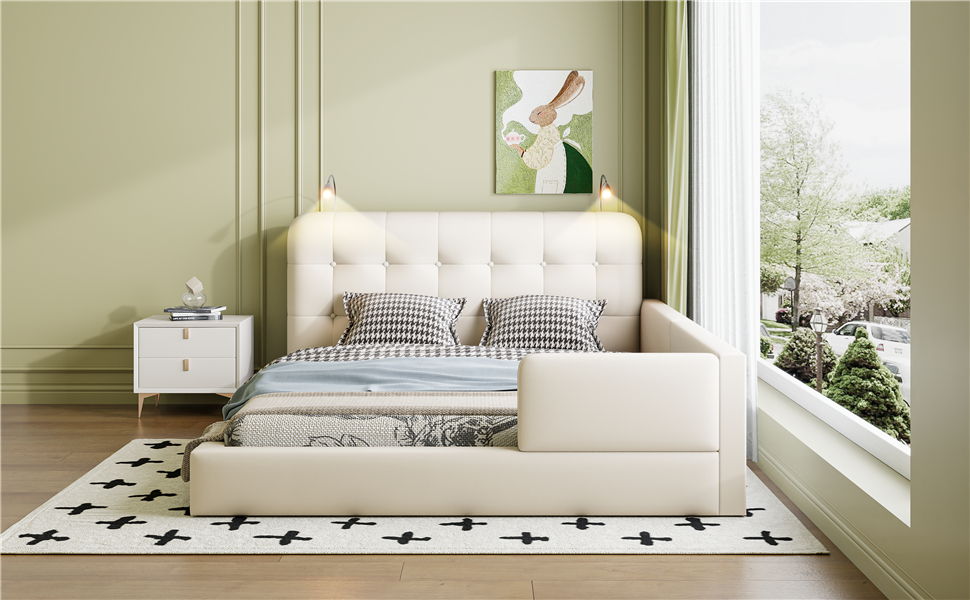 Queen Size Upholstered Platform Bed With 2 Reading Lights - White - The Sleep Loft - Online Mattress Showroom NYC