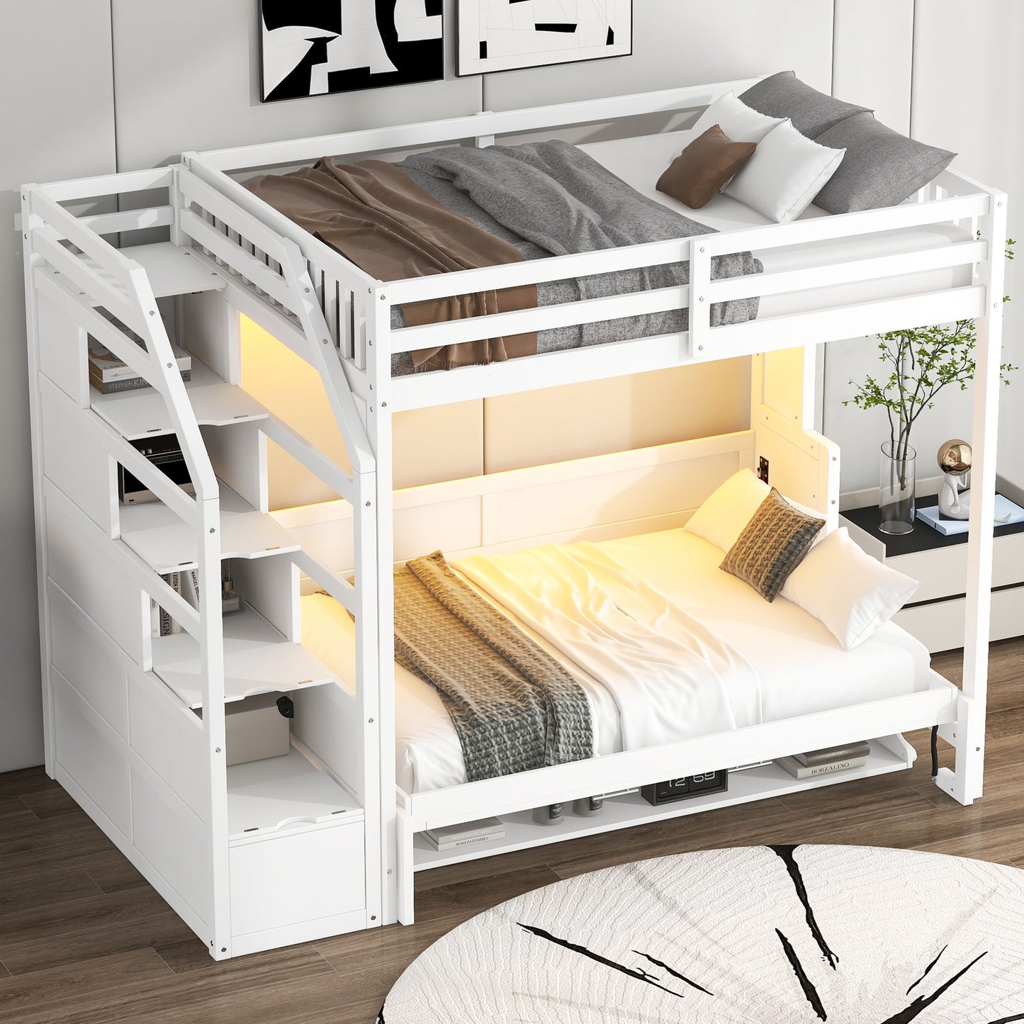 Full Long Loft Bed With Storage Staircase, Murphy Bed, LED Light - White - The Sleep Loft - Online Mattress Showroom NYC