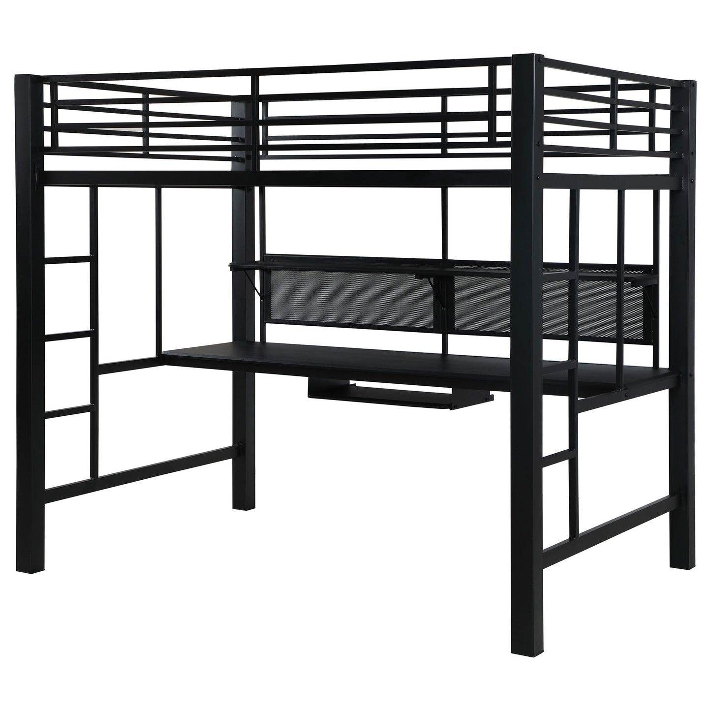 Ranier - Full Workstation Loft Bed, Full Length Desk, Safety Rails And Storage Shelves - Black - The Sleep Loft - Online Mattress Showroom NYC