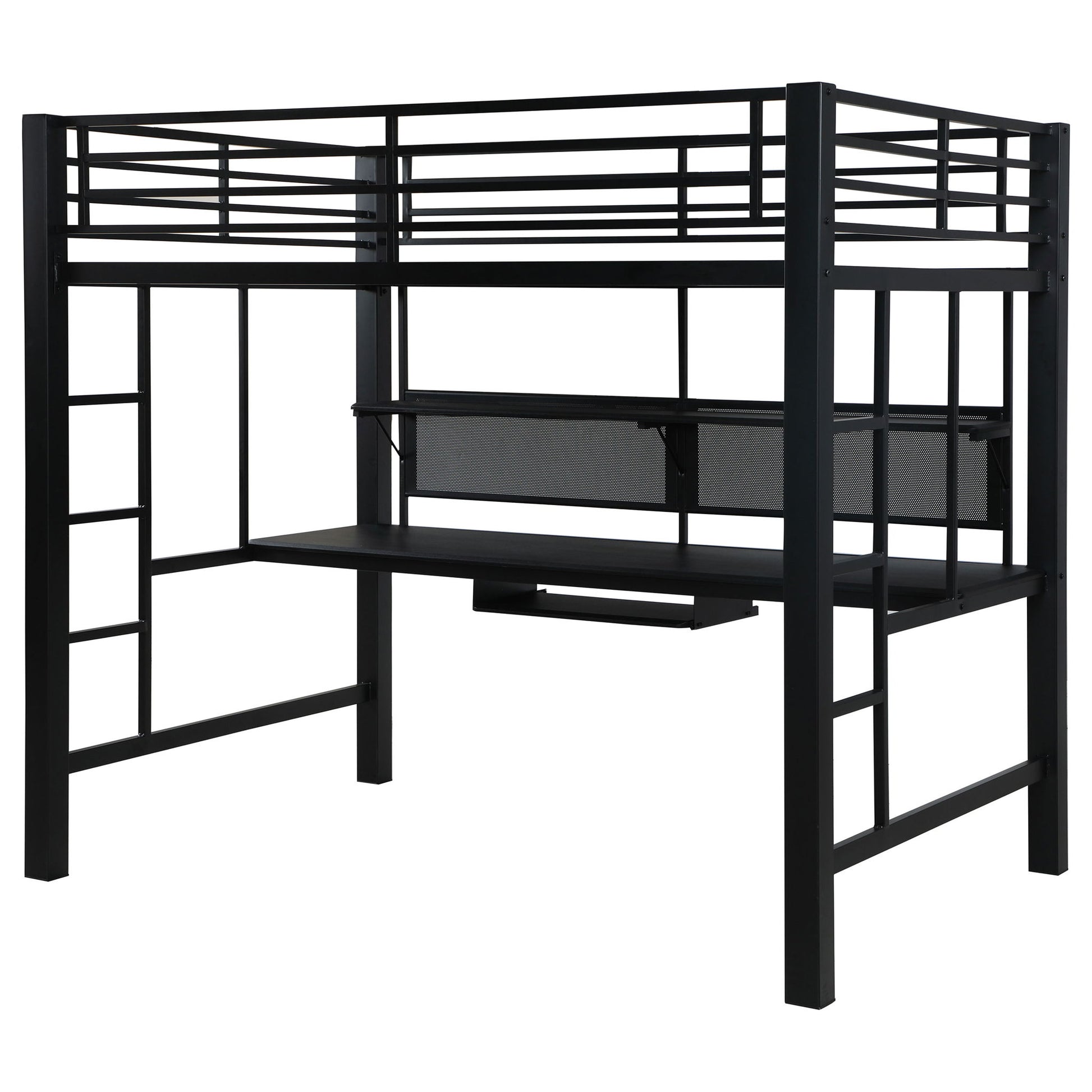 Ranier - Full Workstation Loft Bed, Full Length Desk, Safety Rails And Storage Shelves - Black - The Sleep Loft - Online Mattress Showroom NYC