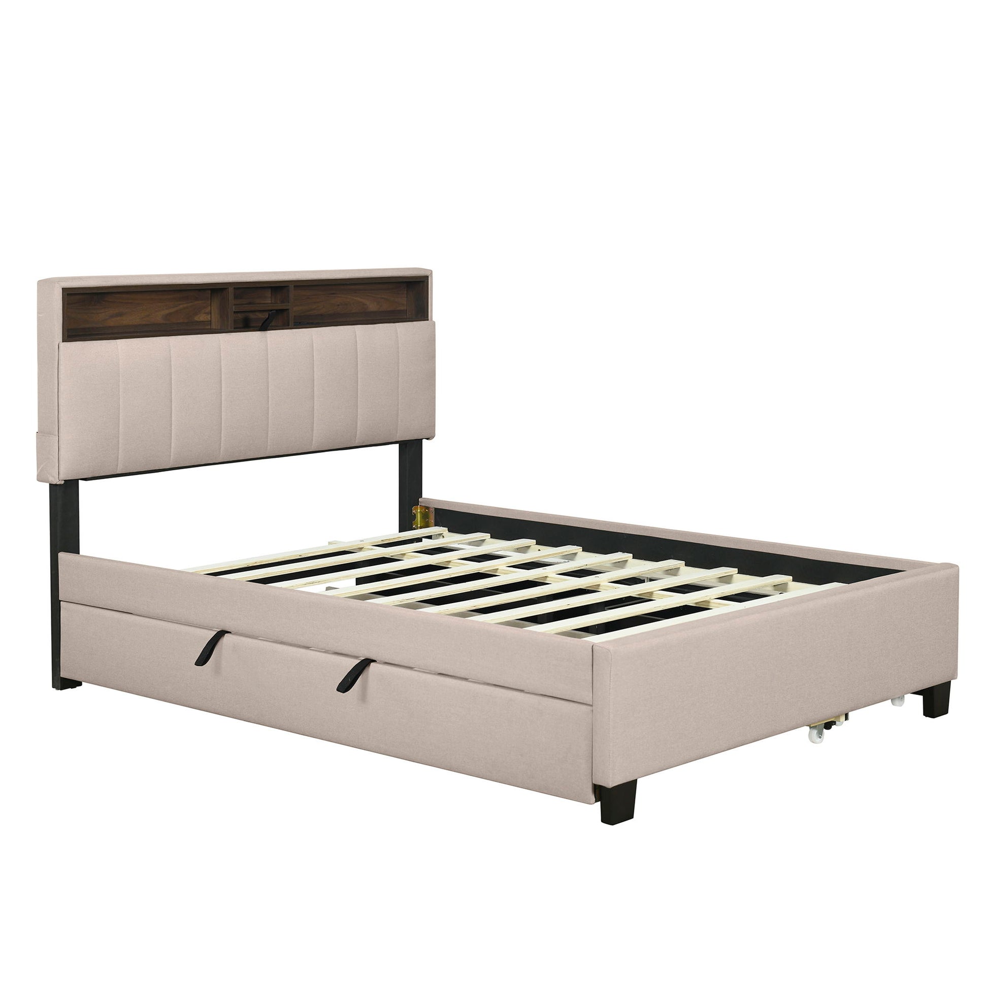 Upholstered Platform Bed With Storage Headboard, Trundle & 2 Drawers And A Set Of Sockets & USB Ports - The Sleep Loft - Online Mattress Showroom NYC
