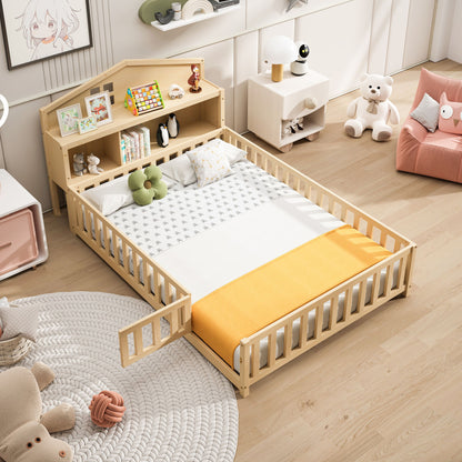 Full Size Montessori Floor Bed With Bookcases And boards, Solid Wood Platform Bed With Guard Rails And Storage Headboards - Natural - The Sleep Loft - Online Mattress Showroom NYC