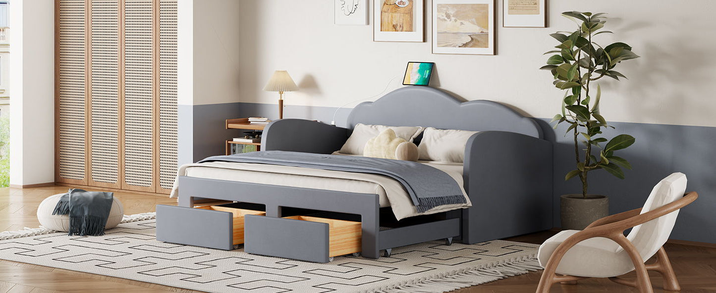 Upholstered Daybed With Cloud-Shaped Backrest, Trundle & 2 Drawers And USB Ports - The Sleep Loft - Online Mattress Showroom NYC