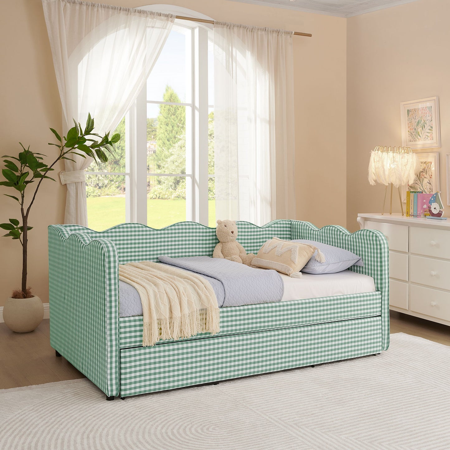 Gingham Daybed With USB Charging Port, Wave Shaped Design - The Sleep Loft - Online Mattress Showroom NYC