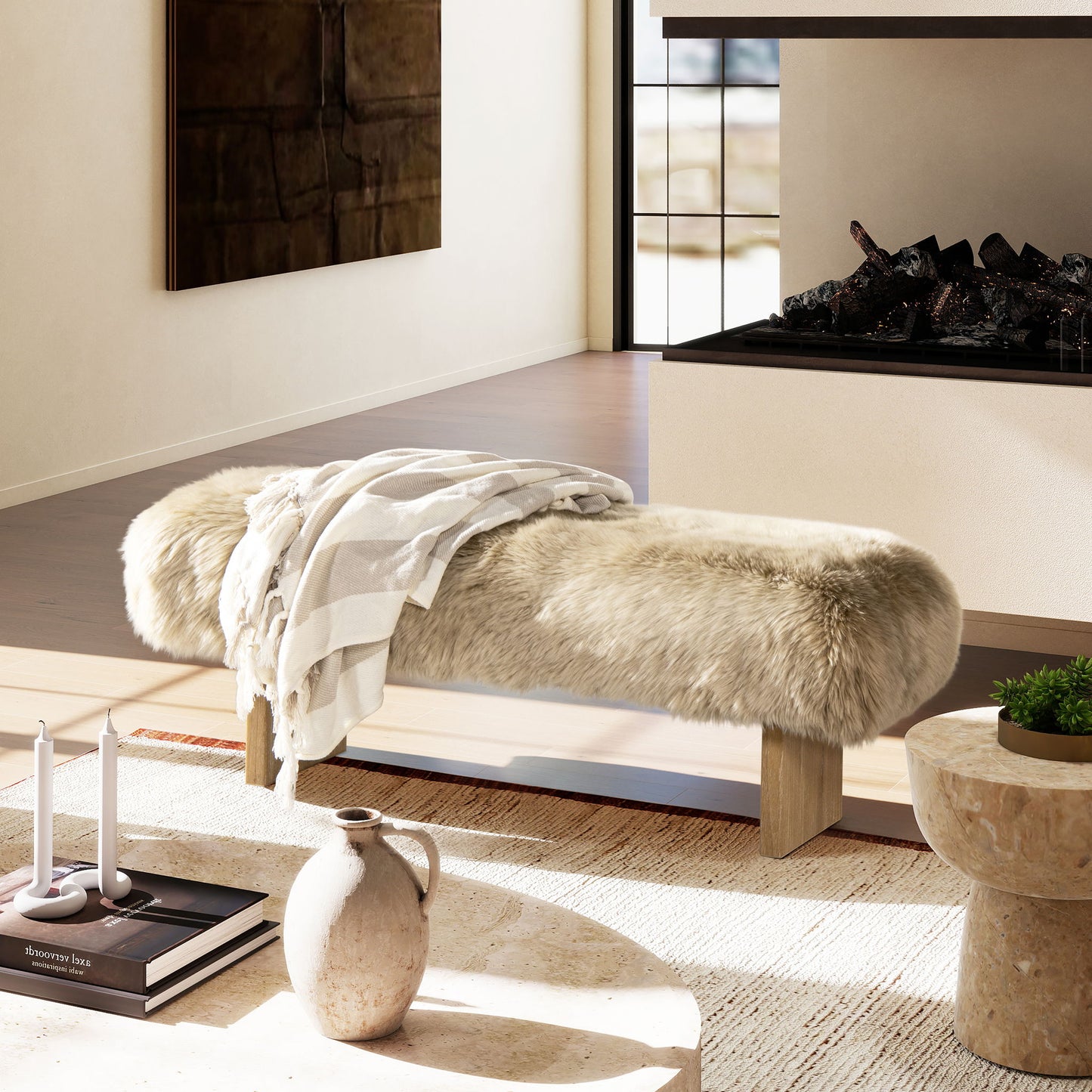 Leda - Sheepskin Fur Rectangular Accent Bench - Natural Blonde - The Sleep Loft - Online Mattress Showroom NYC