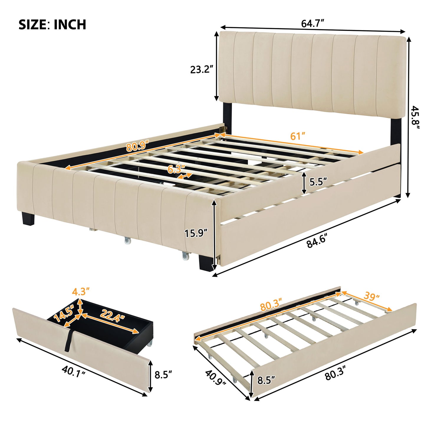 Platform UpholsteredBed With 2 Drawers And Twin Long Trundle - The Sleep Loft - Online Mattress Showroom NYC