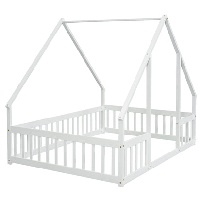 Wood House-Shaped Floor Bed With Fence, Guardrails - The Sleep Loft - Online Mattress Showroom NYC