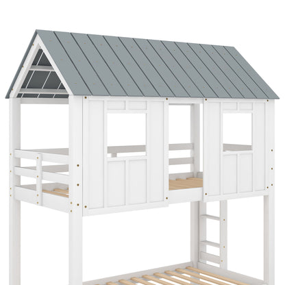Twin Size House Bunk Bed With Trundle, Roof And Windows - White / Gray - The Sleep Loft - Online Mattress Showroom NYC