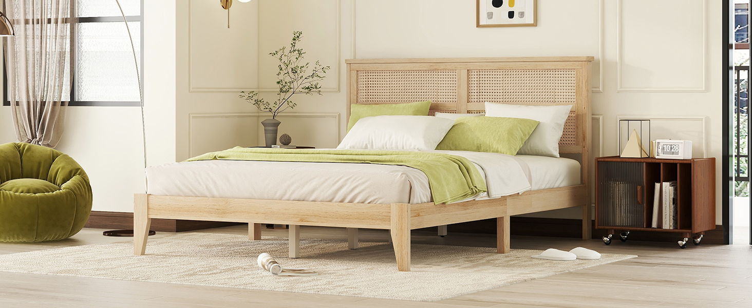 Queen Size Rubber Wooden, Solid Wooden Bed With Rattan Headboard, Enhanced By Support Feet - Natural - The Sleep Loft - Online Mattress Showroom NYC