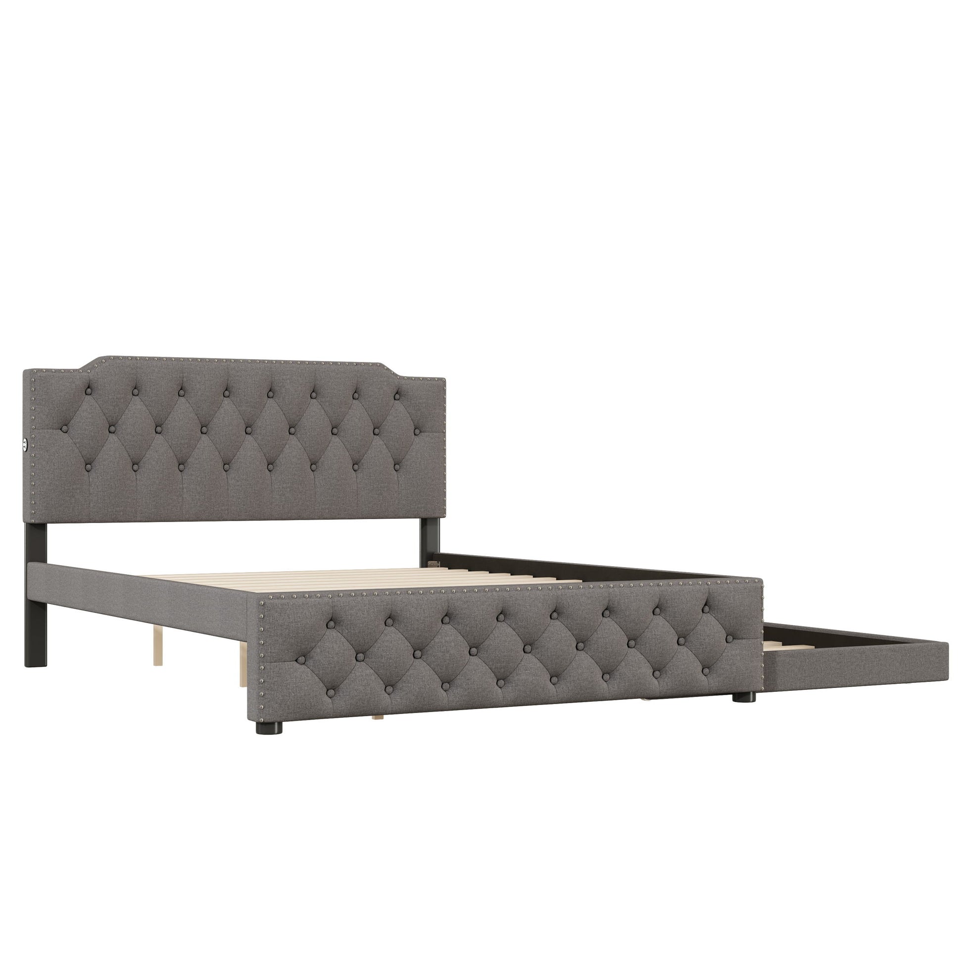 Upholstered Platform Bed With Trundle And 2 Sets Of USB Ports On Each Side, Linen Fabric - The Sleep Loft - Online Mattress Showroom NYC