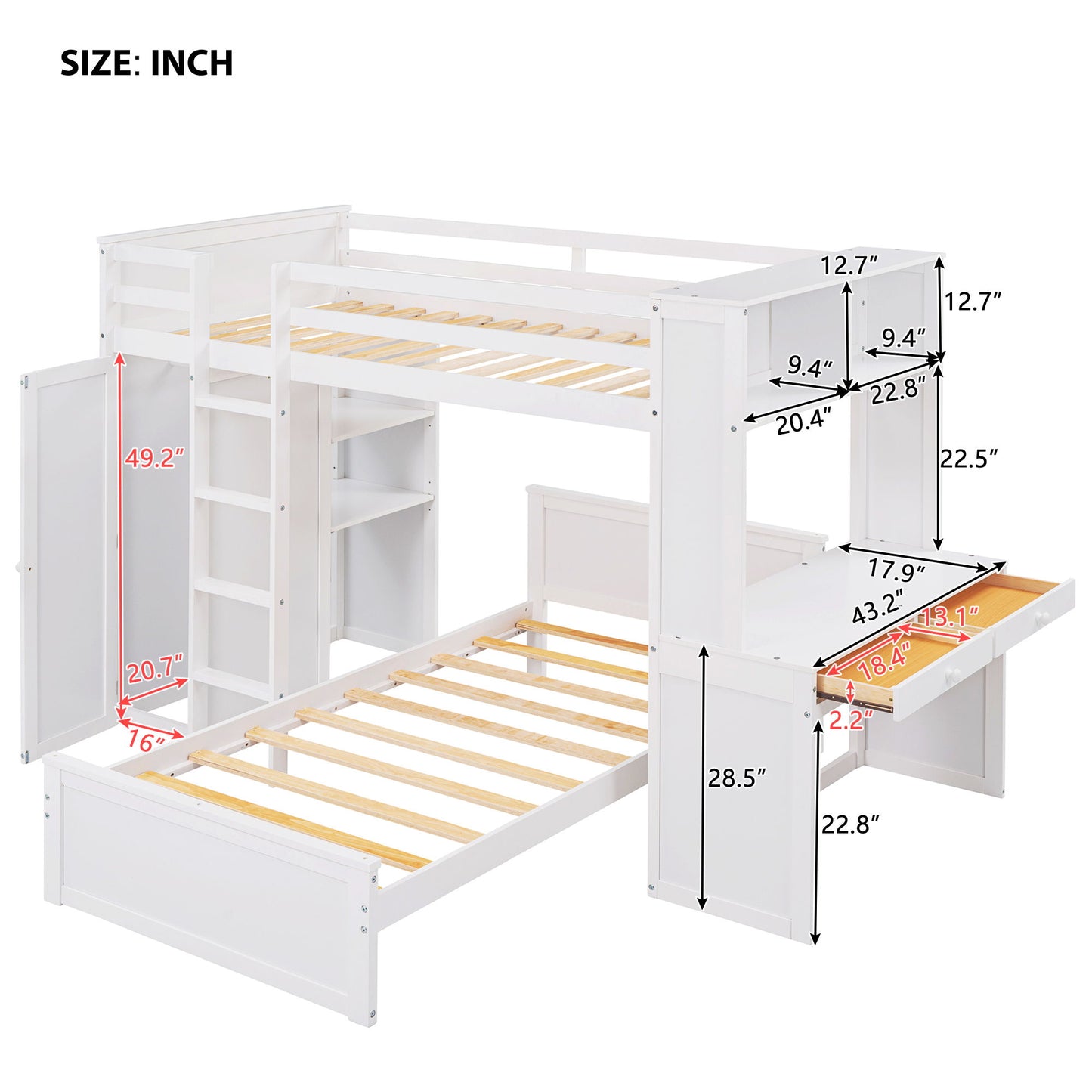 Loft Bed With A Stand Alone Bed, Shelves, Desk, And Wardrobe - The Sleep Loft - Online Mattress Showroom NYC