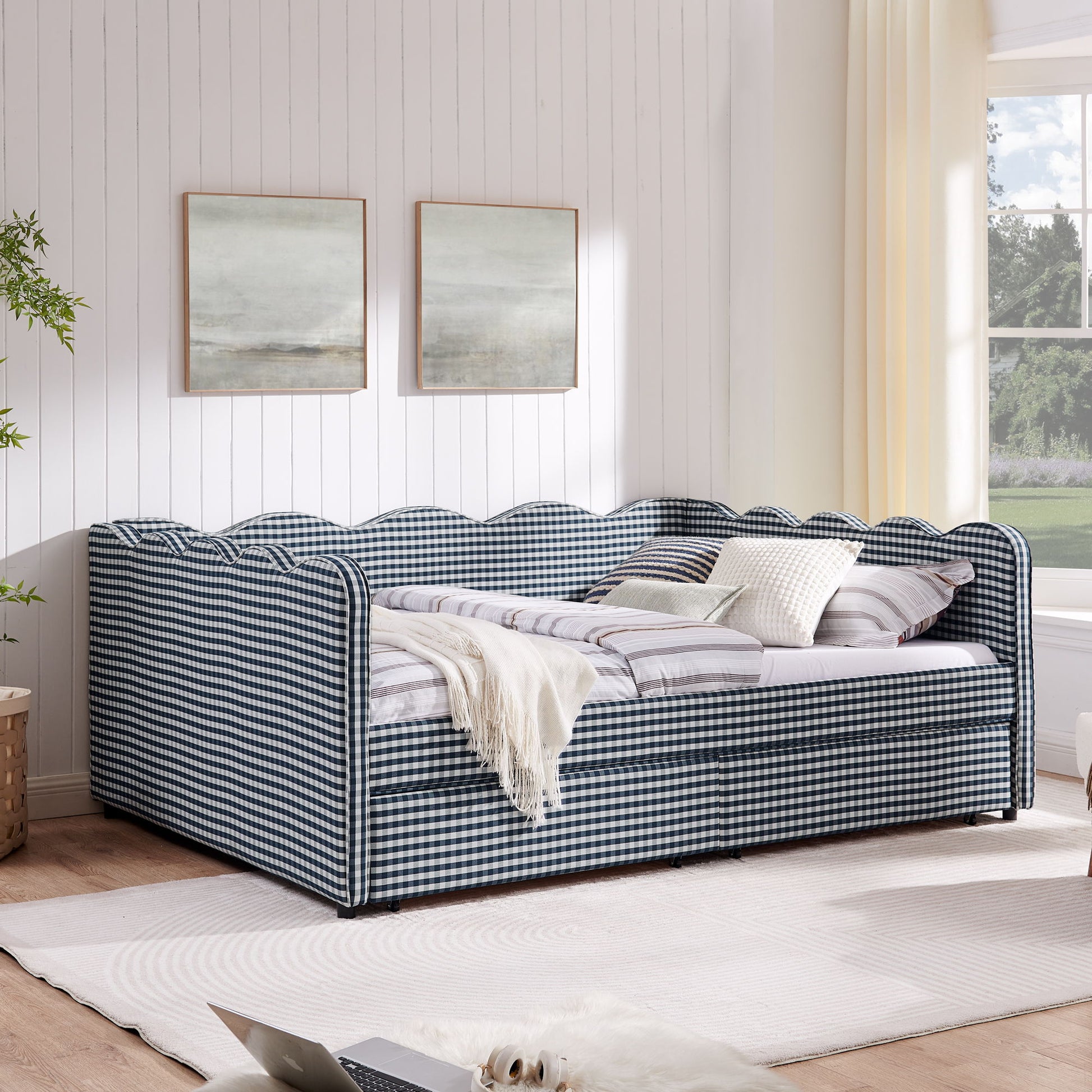 Gingham Daybed With USB Charging Port, Wave-Shaped Design - The Sleep Loft - Online Mattress Showroom NYC