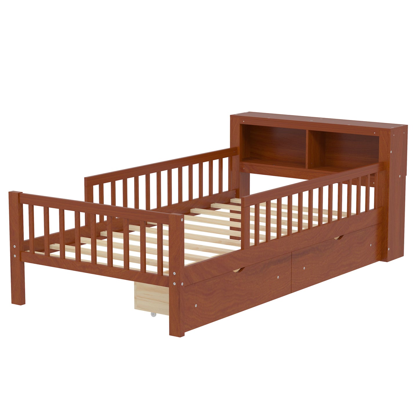 Bed With Headboard Storage Rack, 2 Under Bed Drawers, 3 Side Guardrails For Safety - The Sleep Loft - Online Mattress Showroom NYC