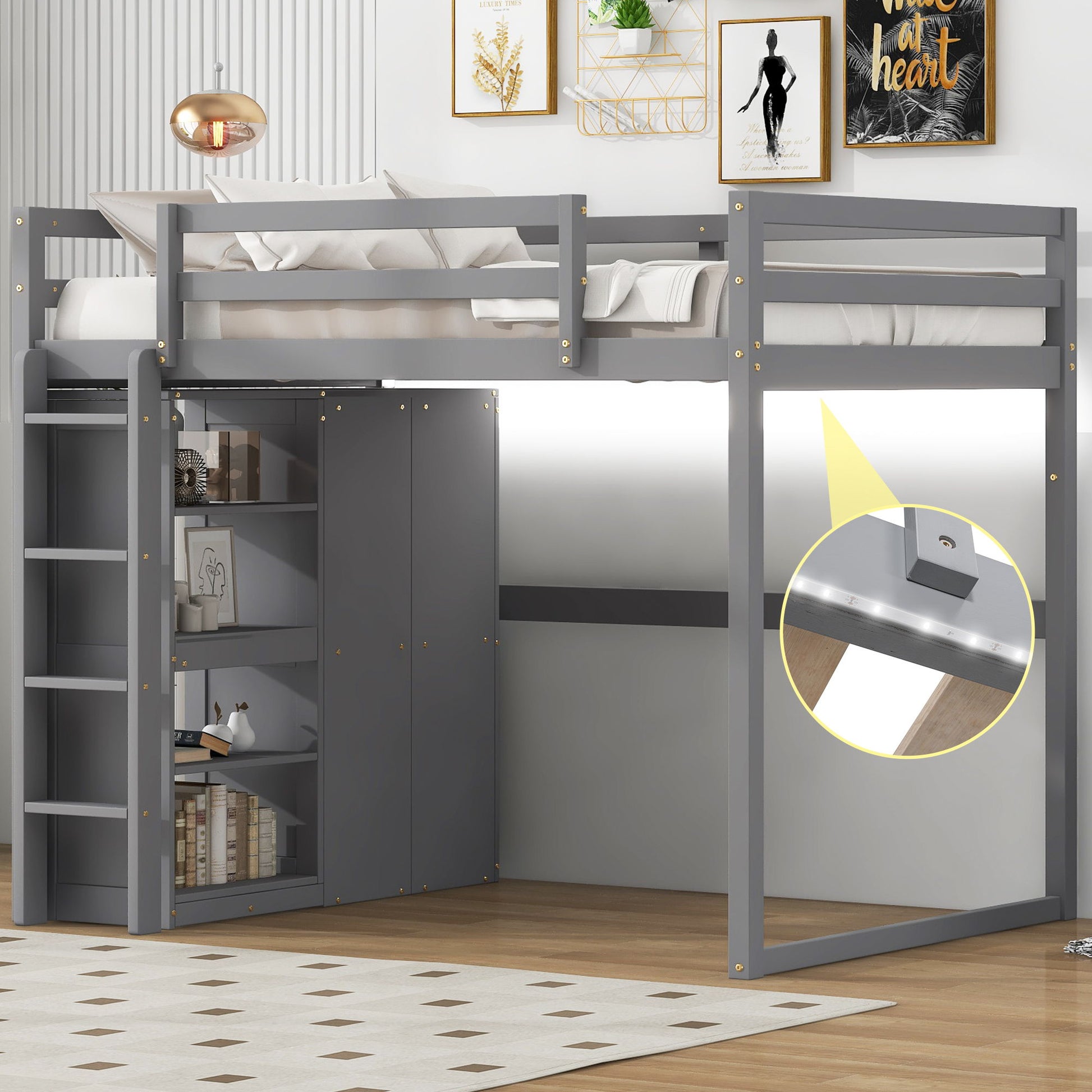 Loft Bed With Built In Wardrobe, Storage Shelves, And LED Light - The Sleep Loft - Online Mattress Showroom NYC