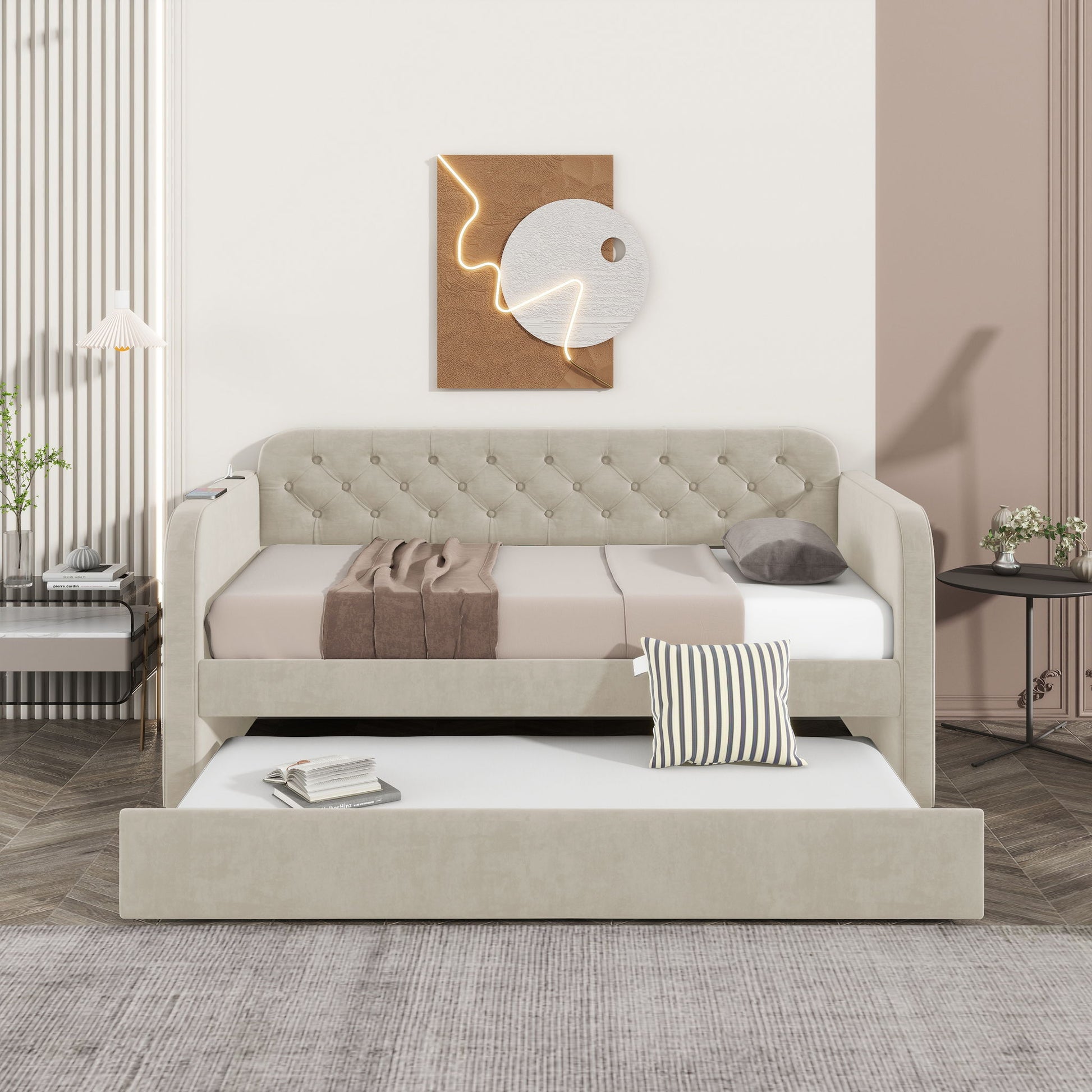 Upholstered Daybed With Trundle And USB Charging Design - The Sleep Loft - Online Mattress Showroom NYC