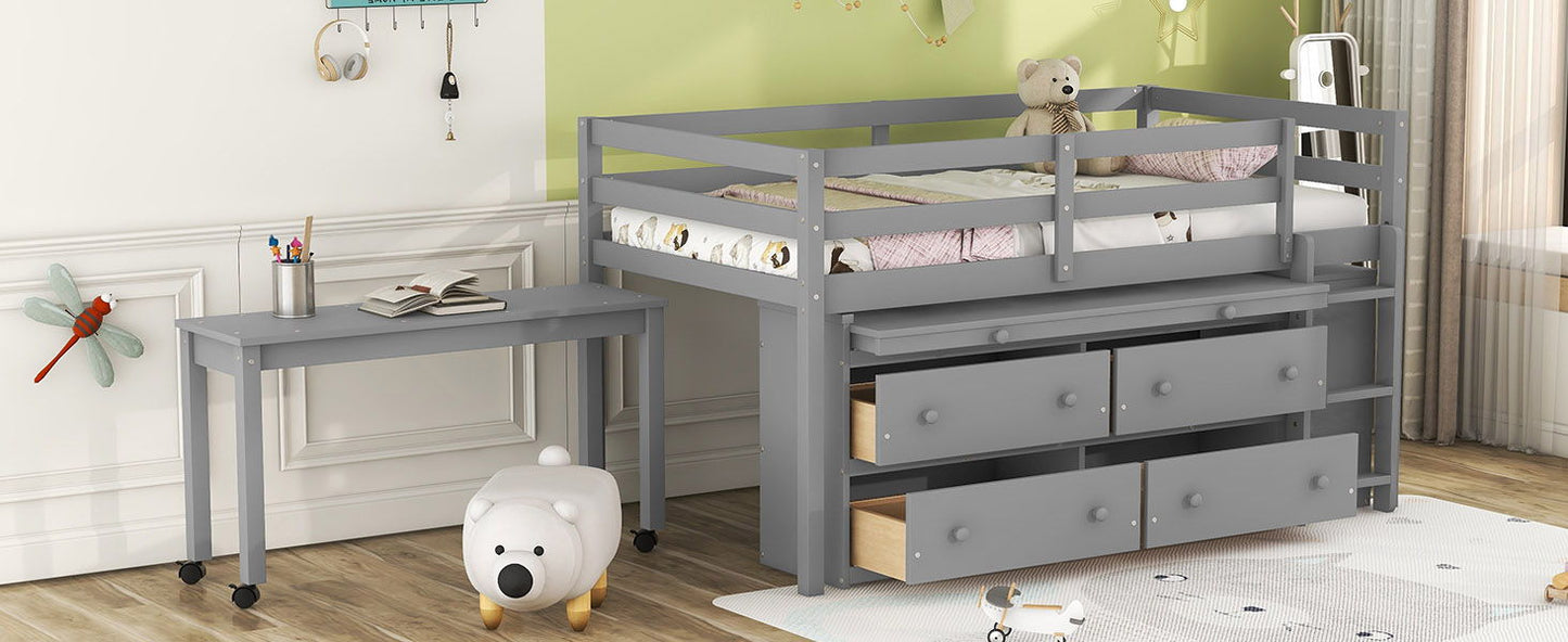 Loft Bed With Retractable Writing Desk And 4 Drawers, With Lateral Portable Desk And Shelves - The Sleep Loft - Online Mattress Showroom NYC